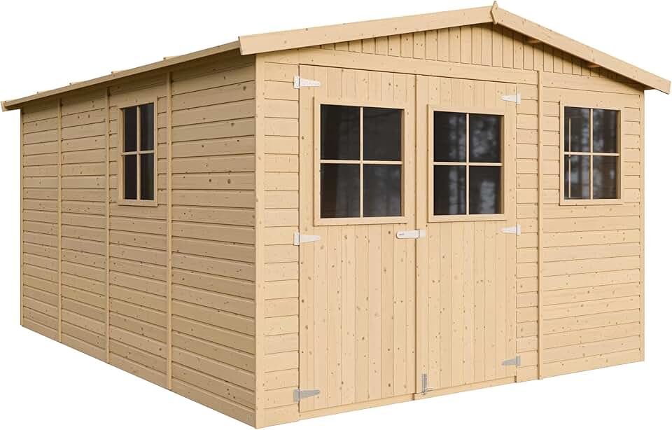 Timbela - Abri de jardin série M336 - 12m², bois naturel, fenêtres, H226x324x416cm - M336