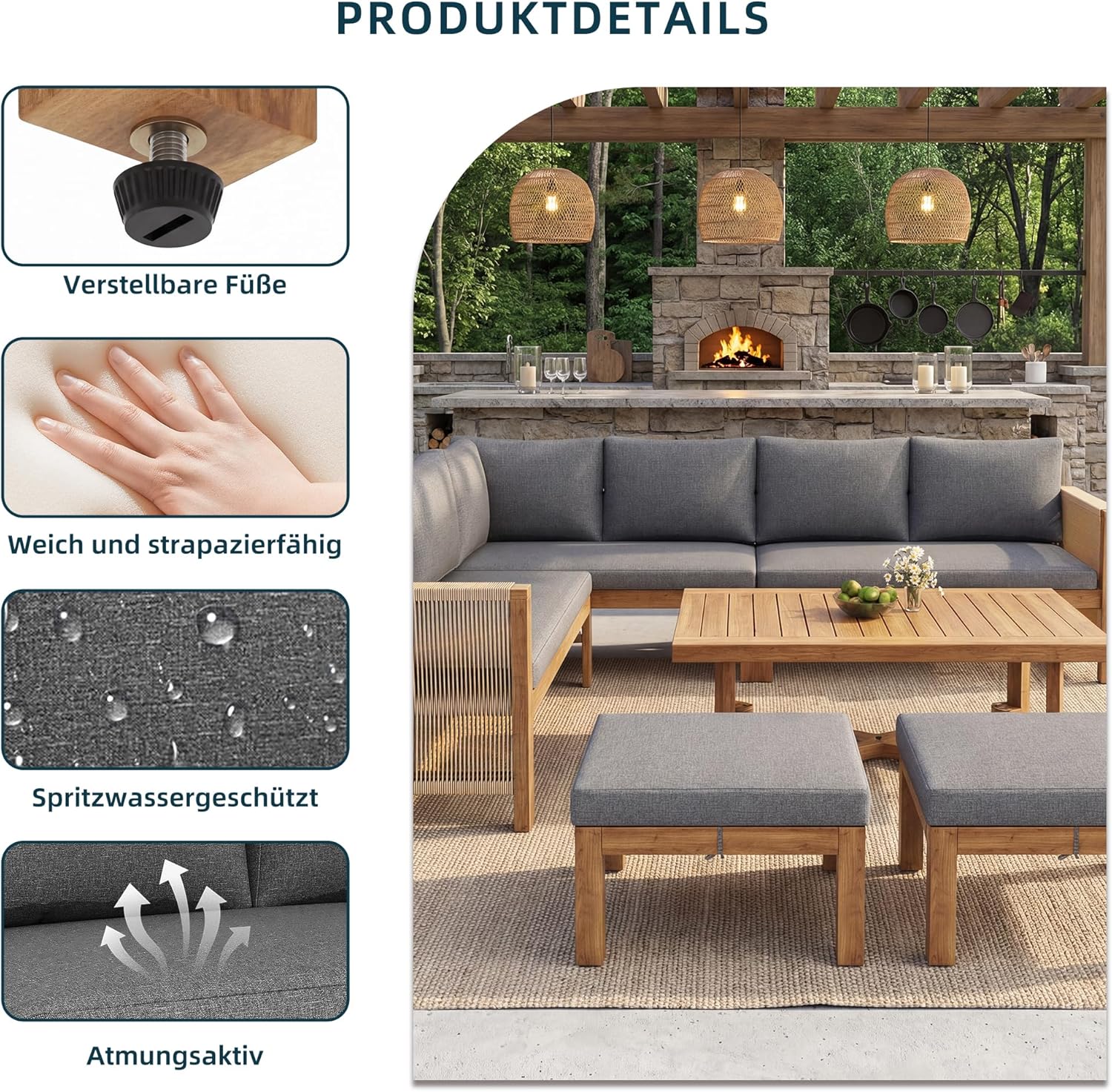Sapgaks - Salon de Jardin E-Gris - 6 places modulable bois acacia, coussins, table et 2 tabourets
