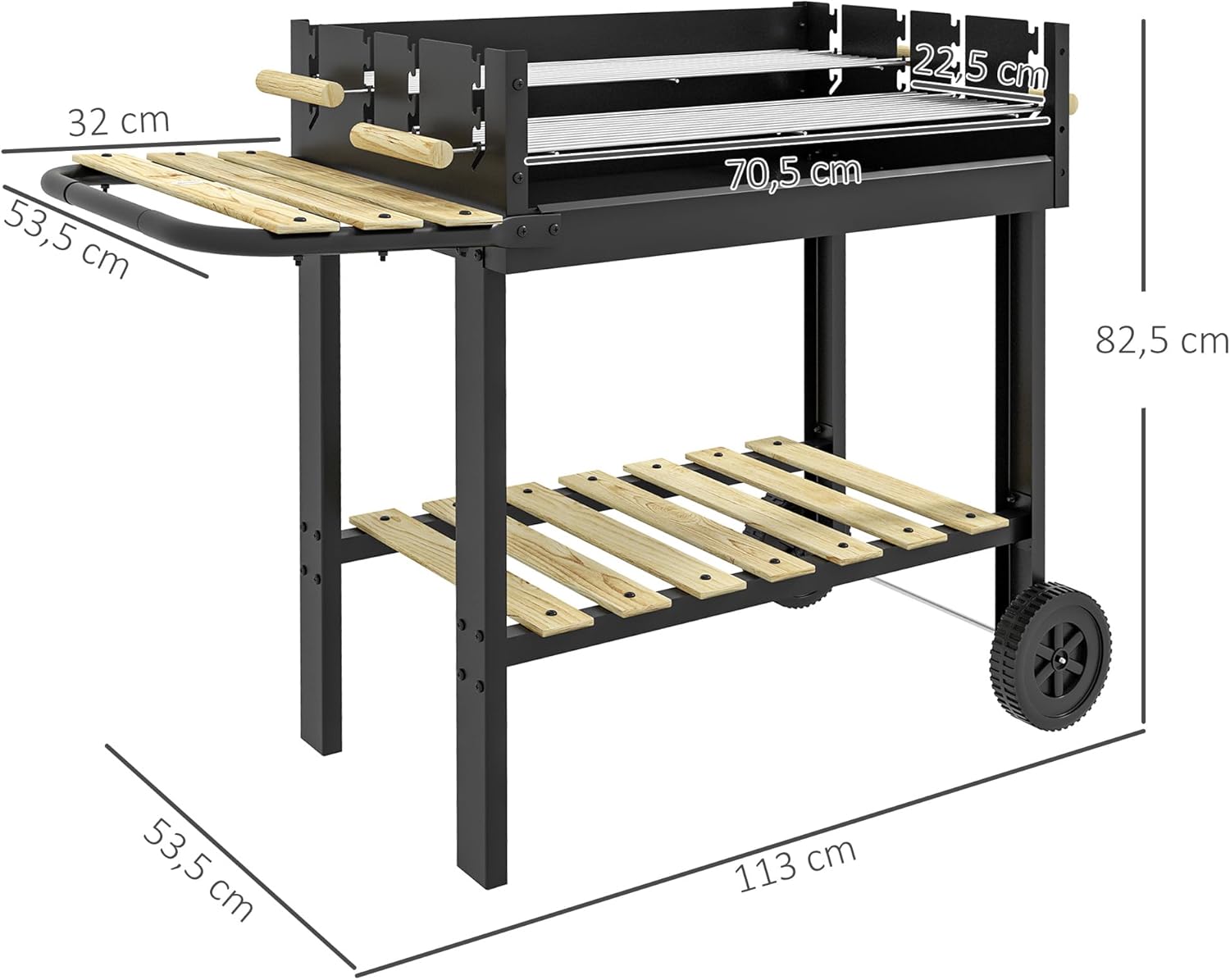 Outsunny - BBQ sur pied - 113x53,5x82,5 cm - double gril, roues, étagères