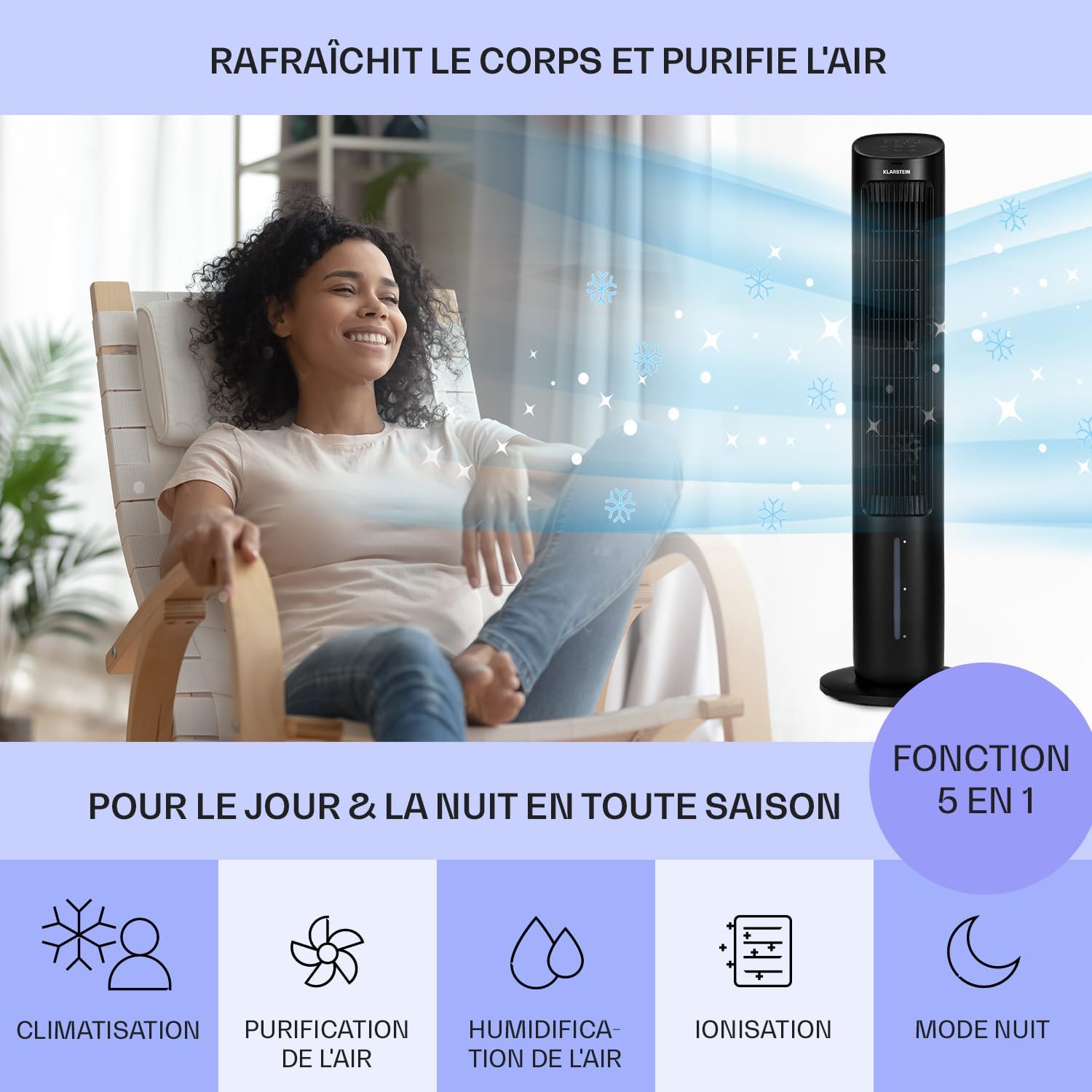 Klarstein - Rafraîchisseur d’air 5-en-1, 360m³/h, 50W, ioniseur, mode nuit