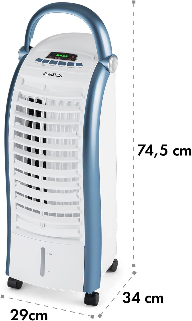 Klarstein Rafraichisseur d'Air 4 en 1, Climatiseur Portable, Humidificateur, Ventilateur, Ioniseur, Climatiseur Mobile Sans Évacuation, Pack Glacons, Réservoir 6L, 65W, Puissant Débit d'Air 444m³/h
