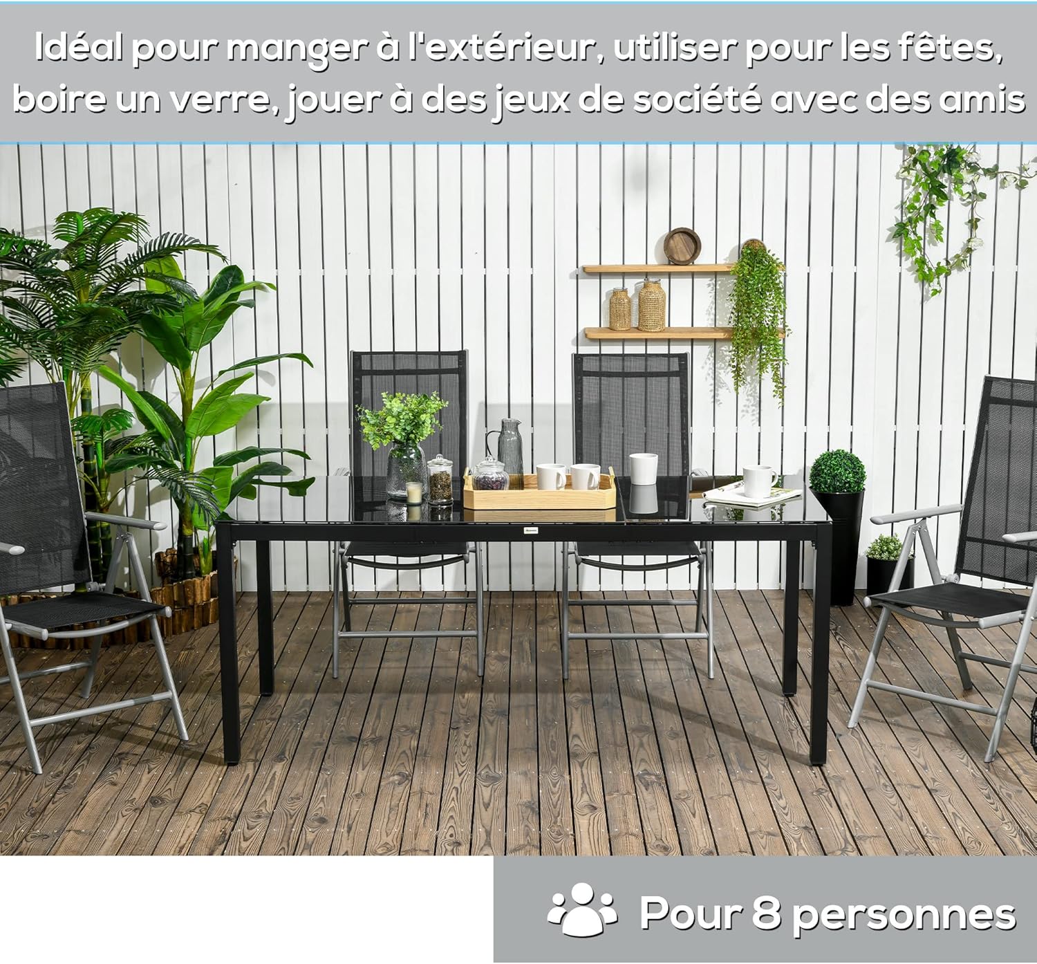 Outsunny - Table rectangulaire extérieur - 180x80x72cm - Aluminium et verre noir