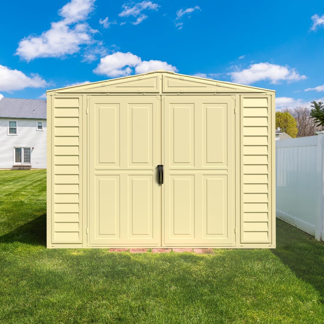 Duramax DuraMate 8 x 8 (5.75 m²) Abri de jardin en plastique avec kit de fondation en métal, structure de toit en métal robuste, abri en vinyle sans entretien - Ivoire