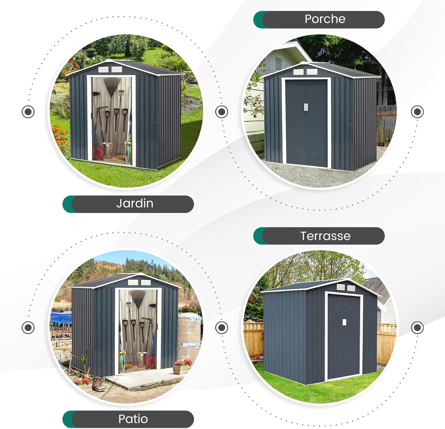 GOPLUS 2,37㎡ Abri de Jardin Métal Galvanisé avec Base, Résistant aux Intempéries, Cabine de Jardin Extérieur 2 Portes Coulissantes avec 2 Fenêtres de Ventilation, 4,39m³, 213 x 127 x 185 cm, Gris