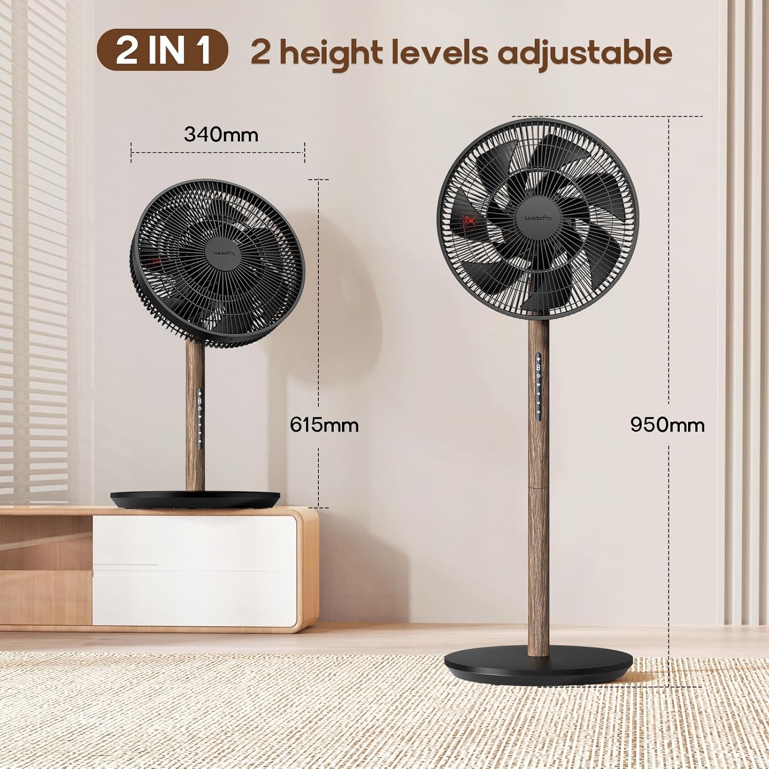 LeaderPro Ventilateur sur Pied Silencieux 12,8 dB avec Télécommande, Débit d'Air de 1980 m³/h, Double Lames Puissantes, Oscillation 120°, 8 Vitesses, Minuterie 8 h, Hauteur Réglable, Moteur DC, Noir