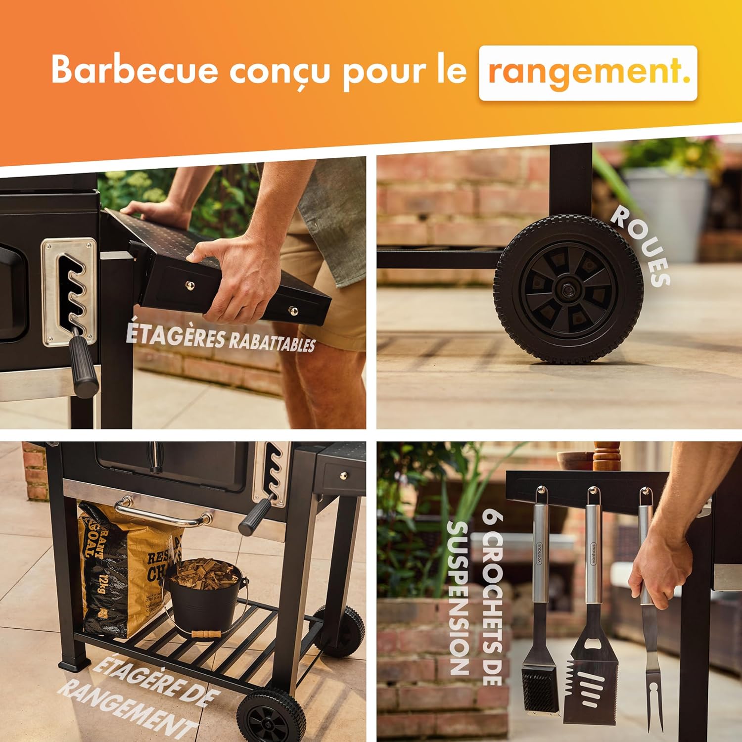 VonHaus - Barbecue XL - grande capacité, tablettes, fumoir, roues