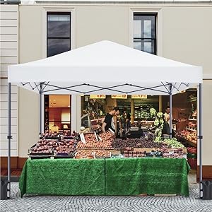 Auvent escamotable blanc au-dessus du stand de fruits et légumes extérieur. Une table recouverte de verdure présente divers produits devant un bâtiment doté de grandes fenêtres