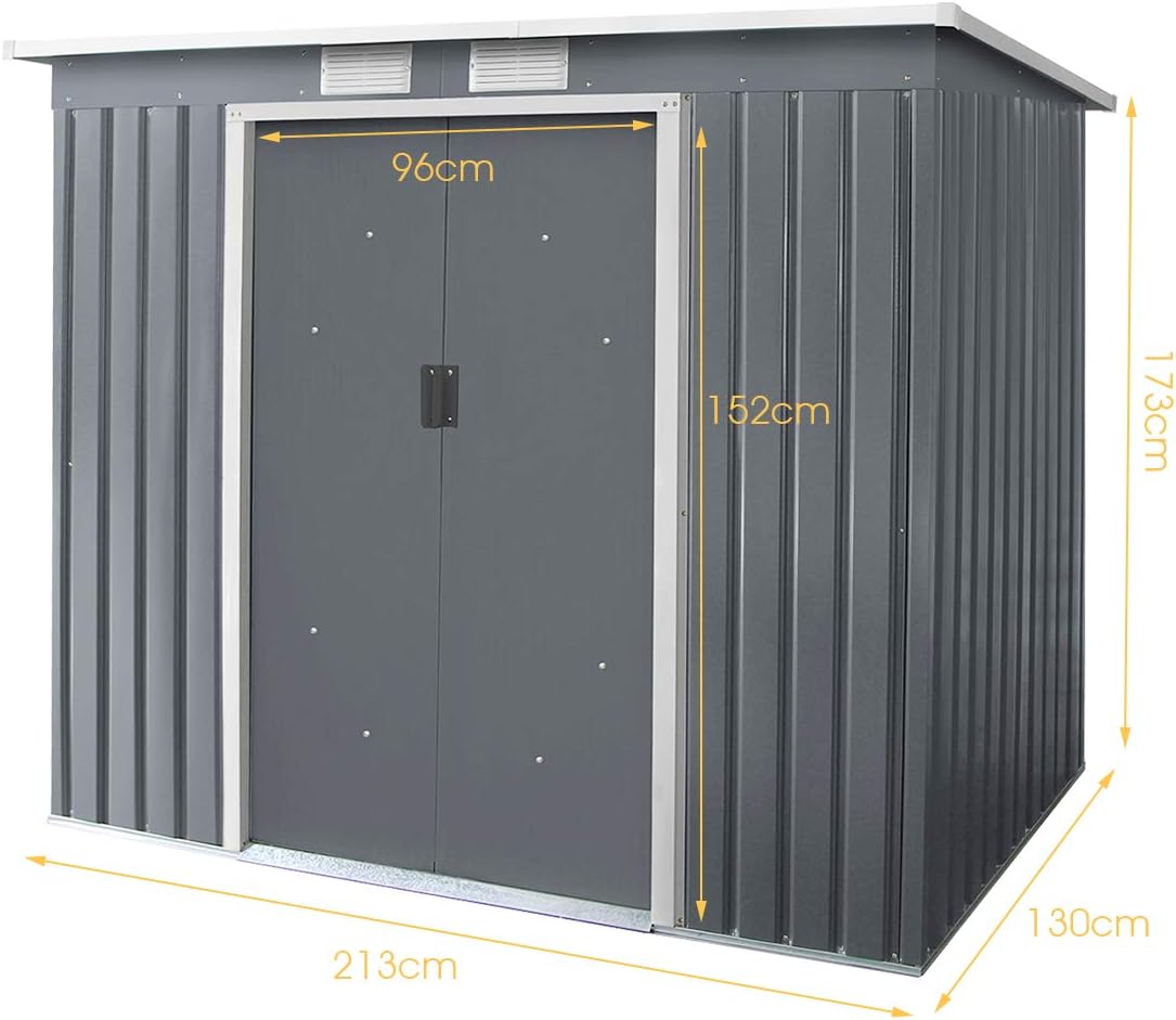 GOPLUS 2,37M² Abri de Jardin en Acier Galvanisé Résistant 4,1m³, 213x130x173CM, Cabane de Jardin Exterieur avec 2 Portes Coulissant, 2 Aérations, Toit Incliné, Rangement Outils pour Pelouse, Patio