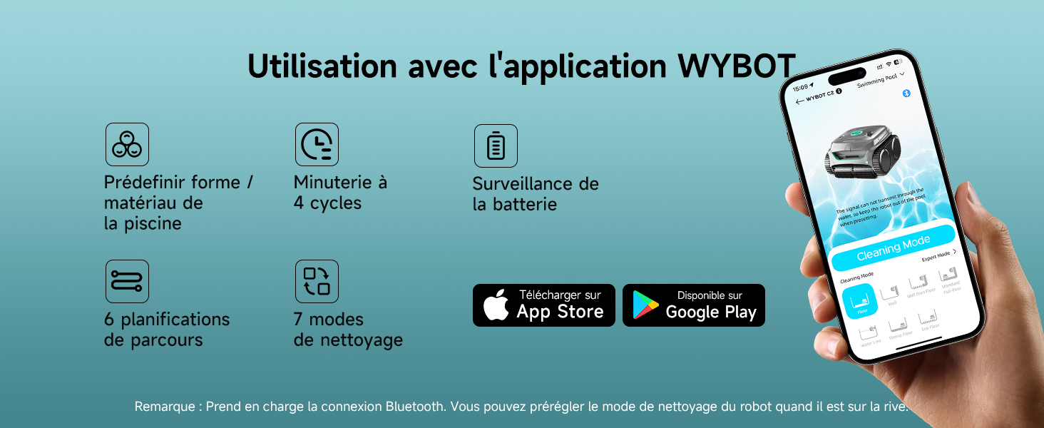 Le texte indique « Utilisation avec l'application WYBOT » avec les icônes des applications et les badges « Télécharger sur l'App Store » et « Téléchargez-le sur Google Play ». Smartphone portable affichant l'interface de l'application WYBOT avec des icônes de fonctionnalités.