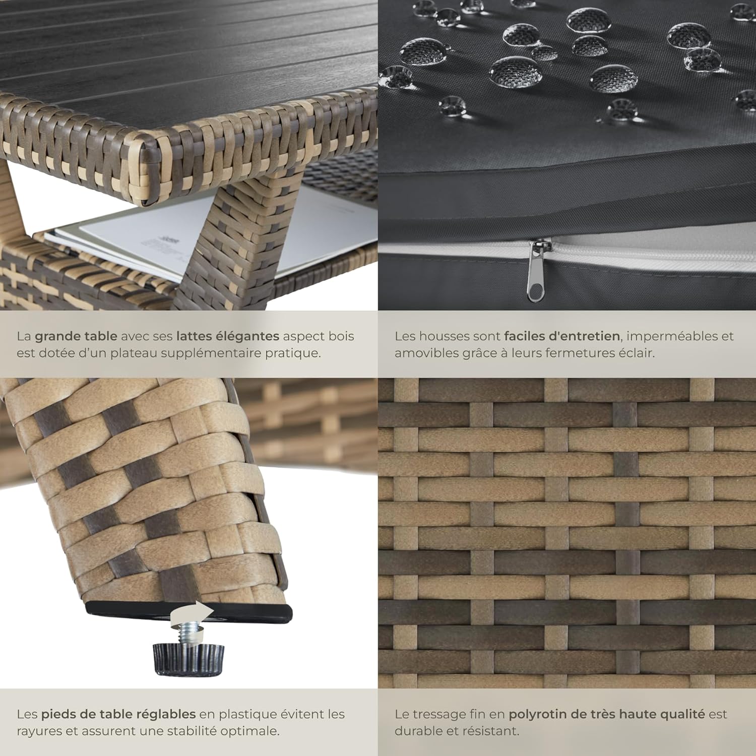Tectake - salon de jardin XXL 6 places, rotin, coussins moelleux, table