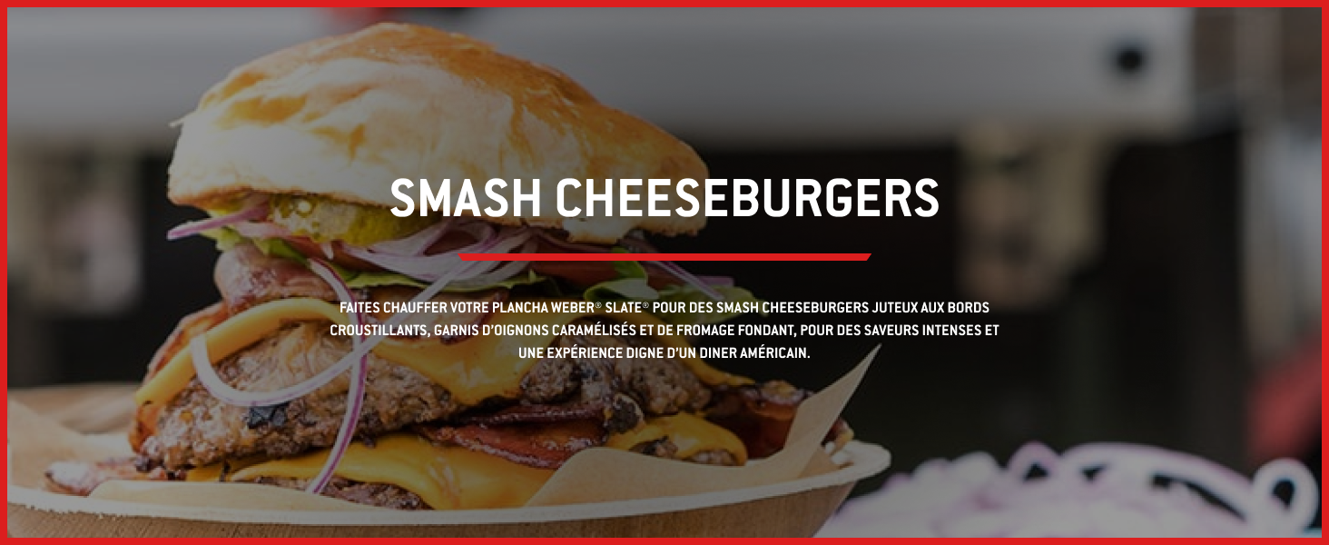 Le texte indique « SMASH CHEESEBURGERS ». Série d'images montrant la préparation d'un cheeseburger avec du fromage fondu sur des galettes grillées.