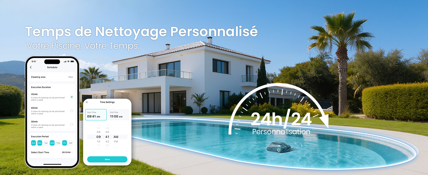 Le texte indique « Temps de Nettoyage Personnalisé ». Villa blanche moderne avec piscine et palmier affichée à côté de l'interface de l'application pour smartphone affichant le calendrier de nettoyage.