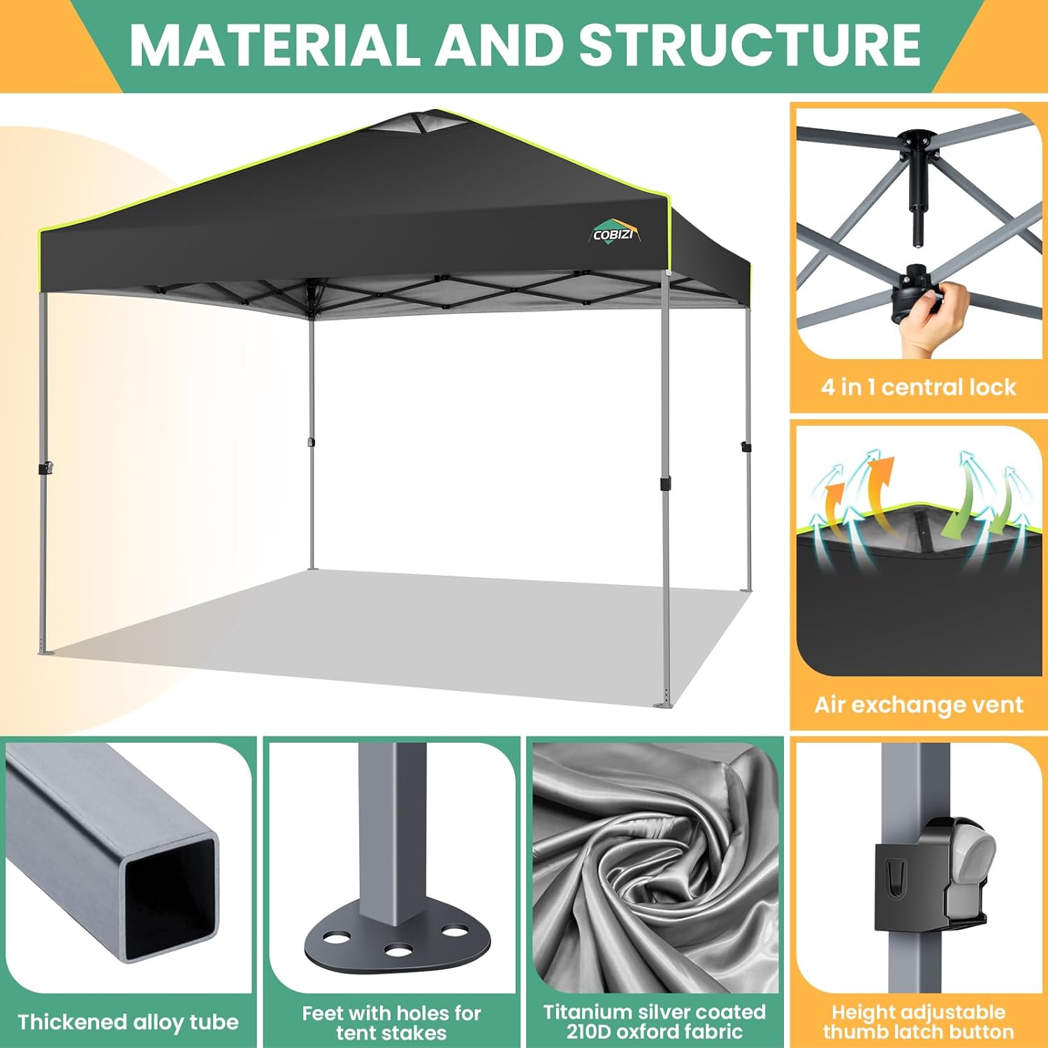 COBIZI - auvent escamotable - 3x3m - UPF50+, imperméable, réglable