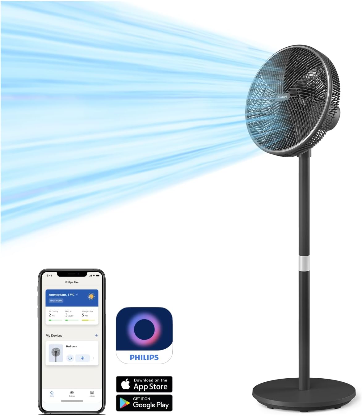Philips Ventilateur sur pied Série 3000. Puissant et ultra-silencieux. Technologie SilentWings. 19 dB. Ventilateur de Table/sur Pied. Inclinable et Rotatif. Contrôle par App. Noir (CX3550/01)