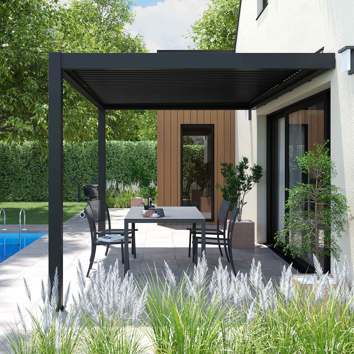 Oviala - Pergola bioclimatique adossée - 3x4m - 3 stores gris