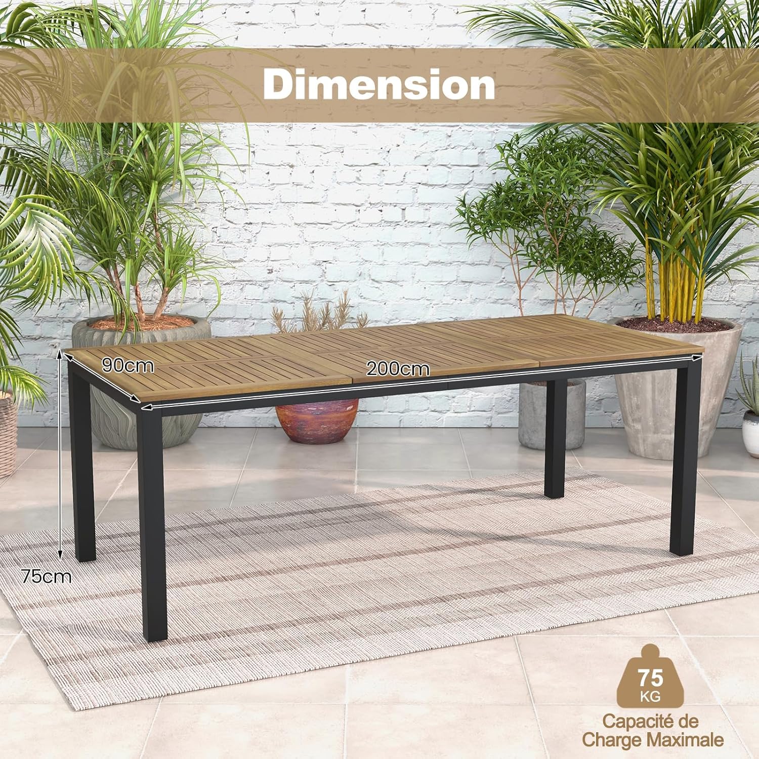 Costway - Table de jardin rectangulaire 200 cm, bois acacia, 8 pers, trou parasol, pieds métal