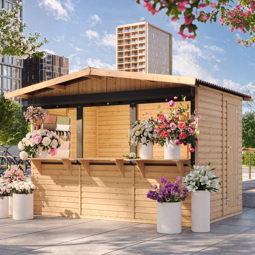 TIMBELA Abri de Jardin en Bois M150AZ – Kiosque Bois - Stand Marché avec 3 Fenêtres + Volets roulants, L336xP263xH232 cm / 6 m², Facile à Monter et à Démonter, Bar Jardin