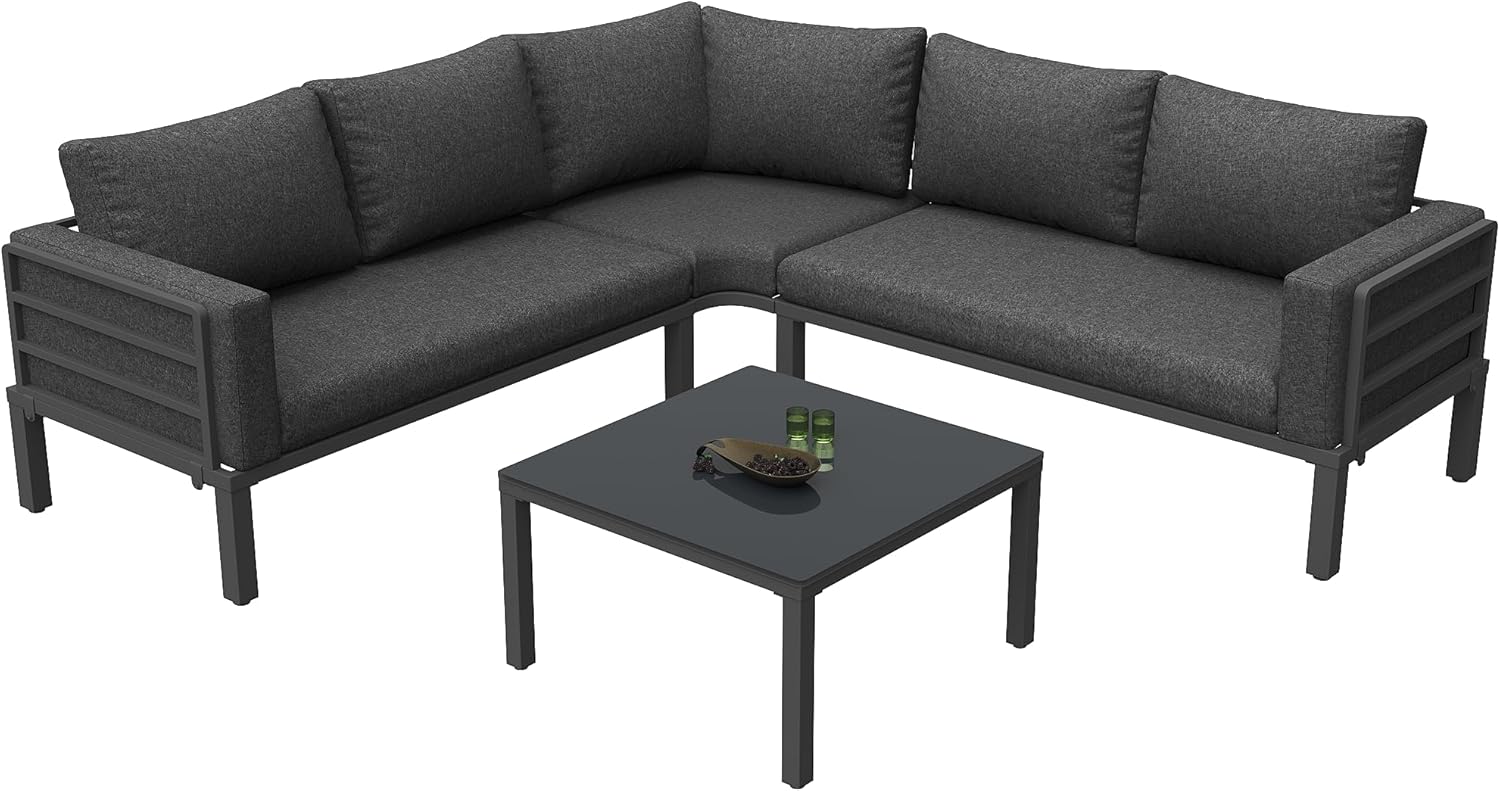 Sapgaks - Salon de jardin D-Gris - 4-5 pers - Fer, verre trempé, coussins, pieds réglables