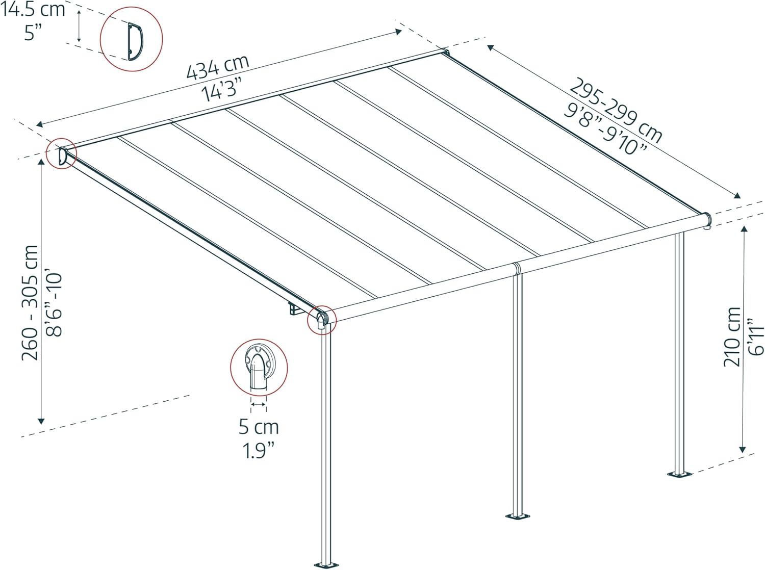 Canopia - Sierra - 3x4.25m pergola alu/polycarbonate, gris, moderne