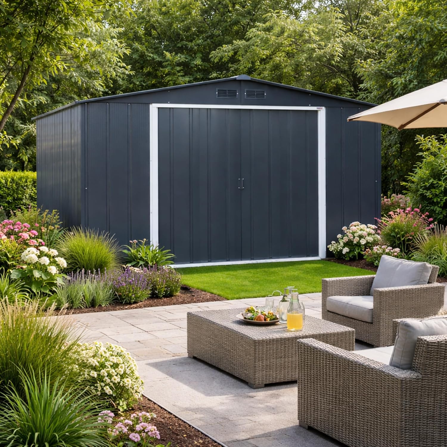 Duramax - ECO Abri de jardin métal 11,68m² toit renforcé anthracite 10x12