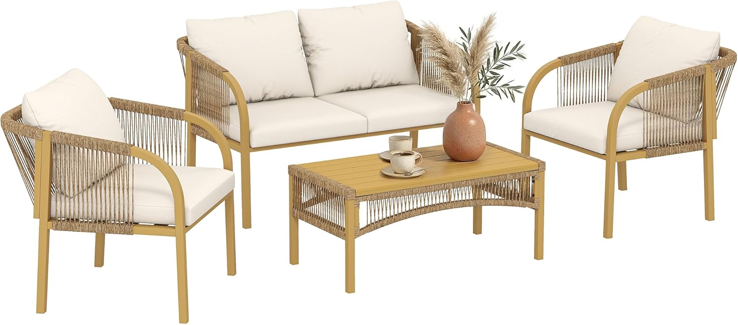 Outsunny - Salon de jardin 4 pcs - canapé 2 places, coussins, table basse, plateau acier imitation bois - kaki