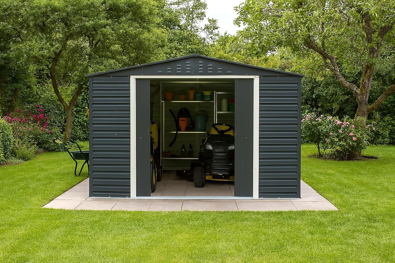 Duramax Alpine 10 x 10 (9,75 m²) Abri de Jardin en métal avec Base, Acier galvanisé à Chaud, Structure de Toit renforcée, Abri de Jardin sans Entretien et résistant aux intempéries, Anthracite