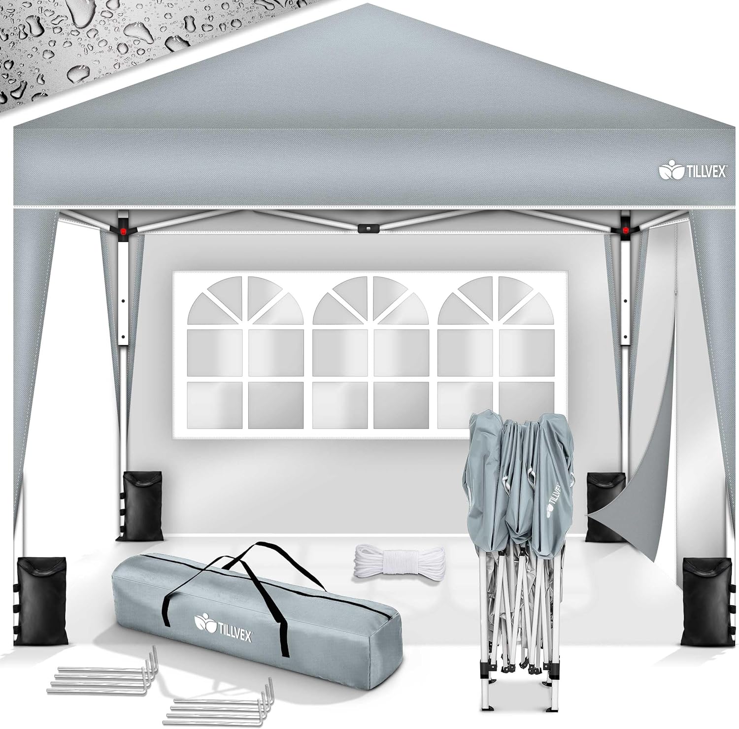 tillvex Tonnelle pliable imperméable 3 x 3 m - Pavillon de jardin Pop-up réglable en hauteur - Tonnelle de jardin protection UV 50+ avec sac - Gris - avec 2 parois