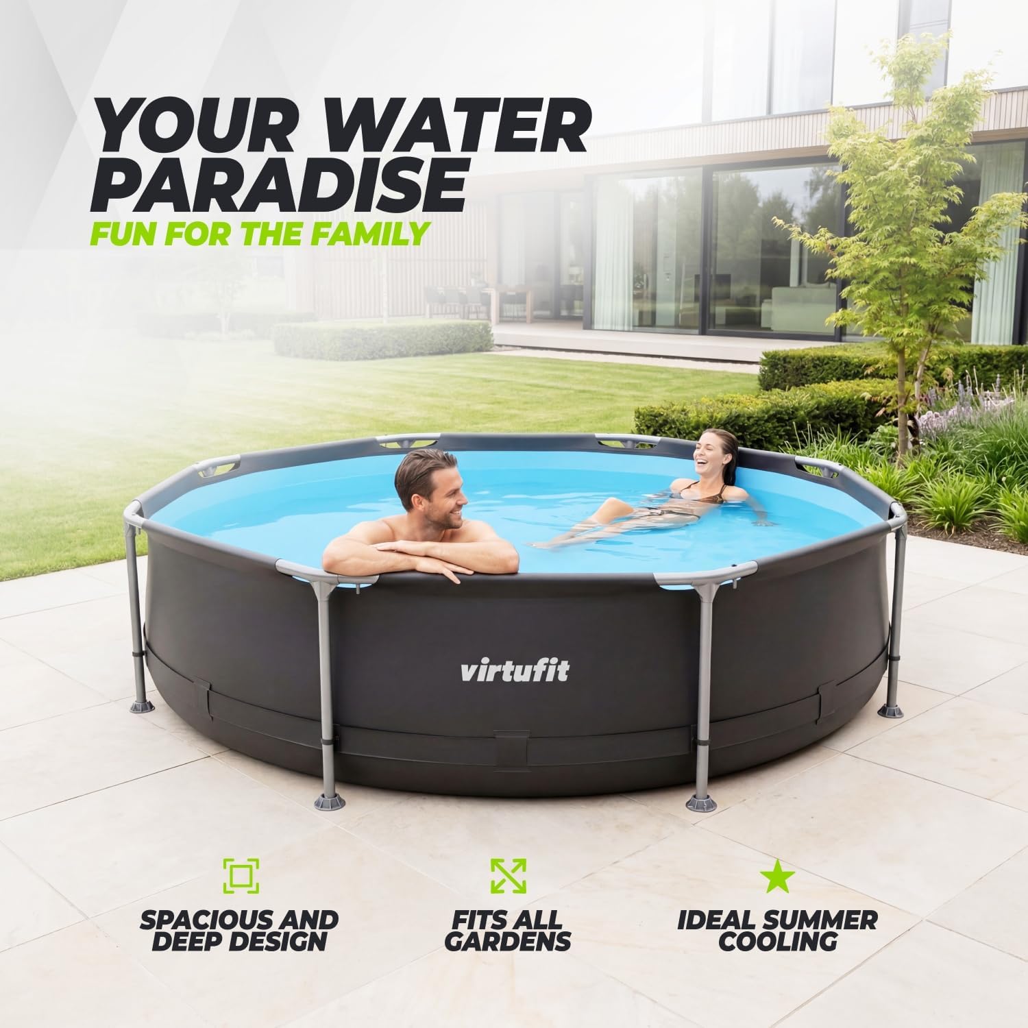 VirtuFit Piscine (Noir, Ø305 x 76 cm (INKL. Filterpumpe), Ronde)