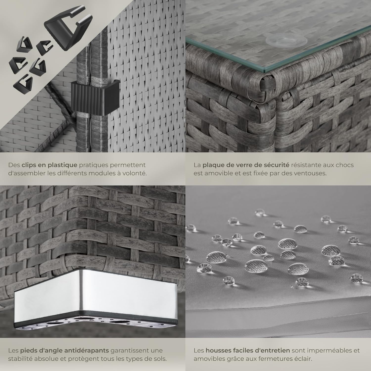 Tectake - Salon de jardin modulable 6 places - rotin, gris, confortable