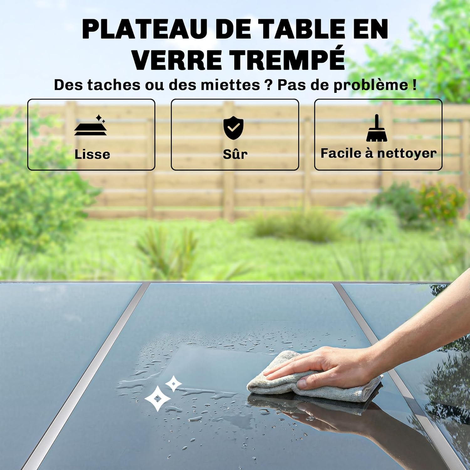 Outsunny - salon jardin 6 personnes - table verre, chaises empilables, textilène, argent