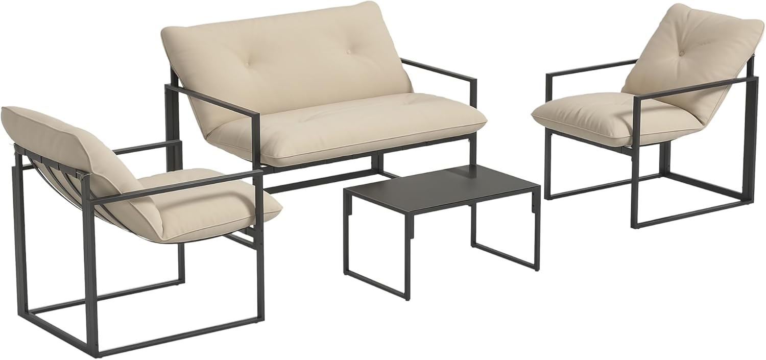 Outsunny - Salon de jardin 4p avec coussins 15cm - acier noir, canapé 2 places, table basse, fauteuils