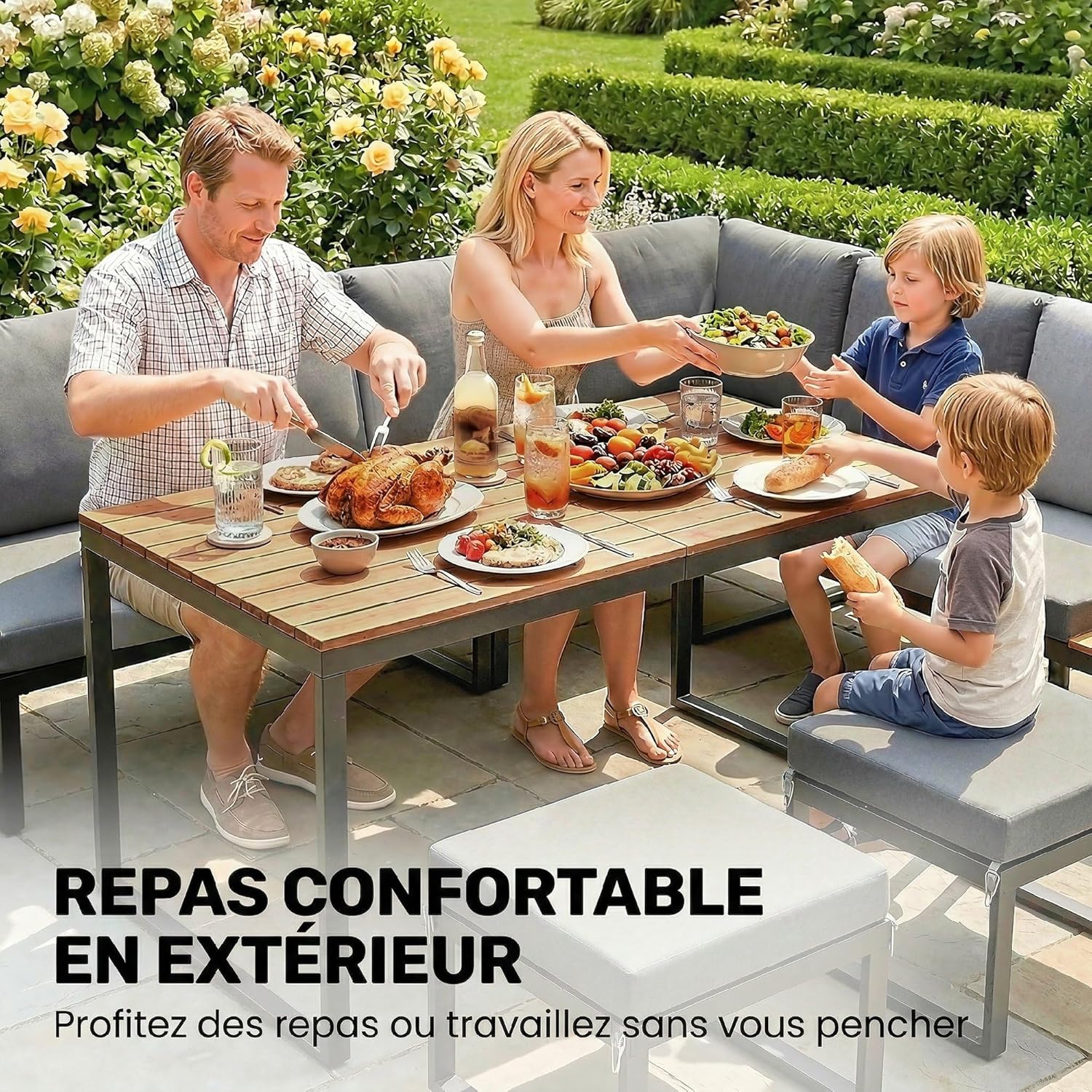 Salon de Jardin Outsunny - 6-8 pers - Ensemble aluminium, table haute, canapé d'angle, table bois composite, gris - OJ-6