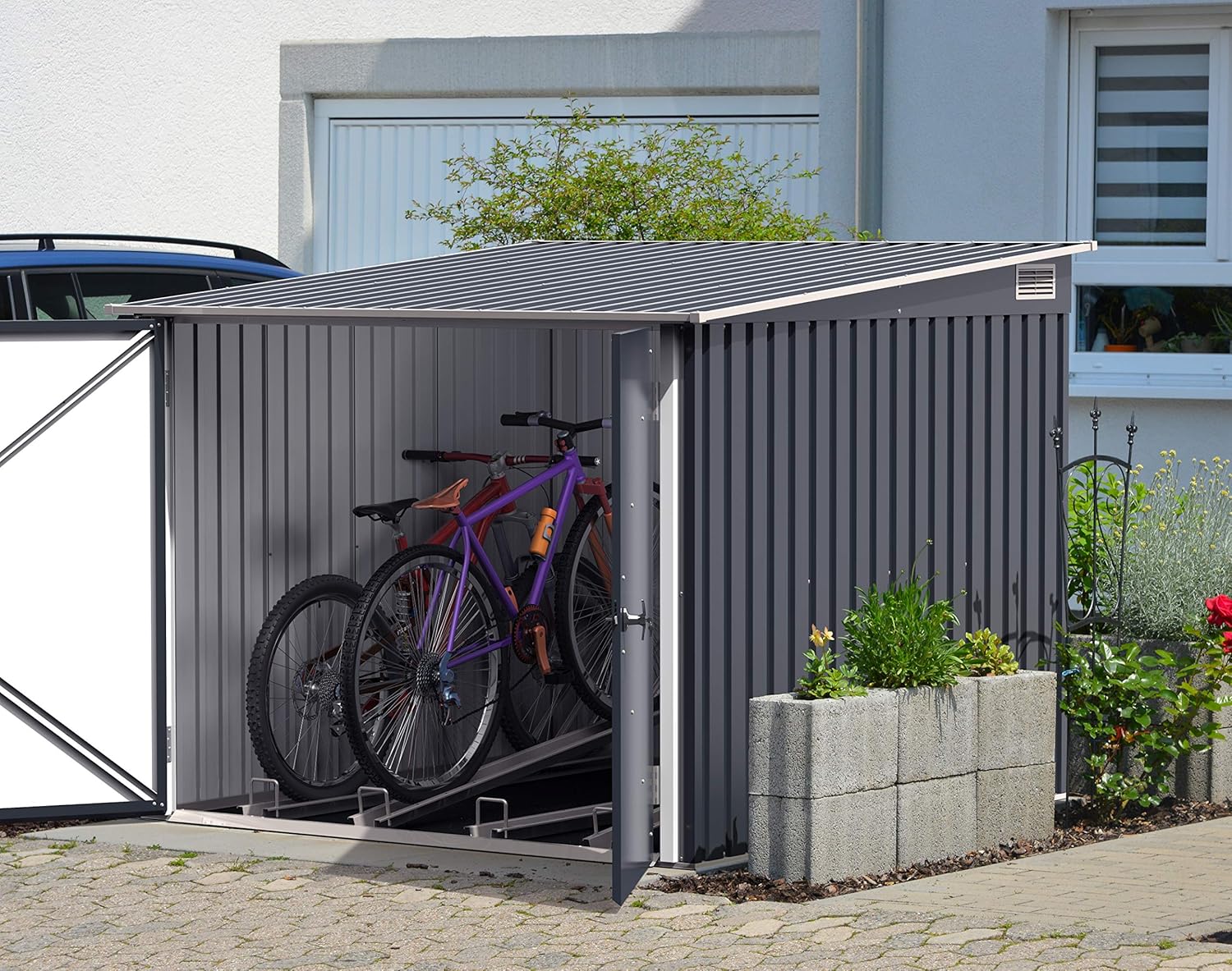 Duramax - Bicycle Store - 4 vélos, portes doubles, pistes réglables, anthracite