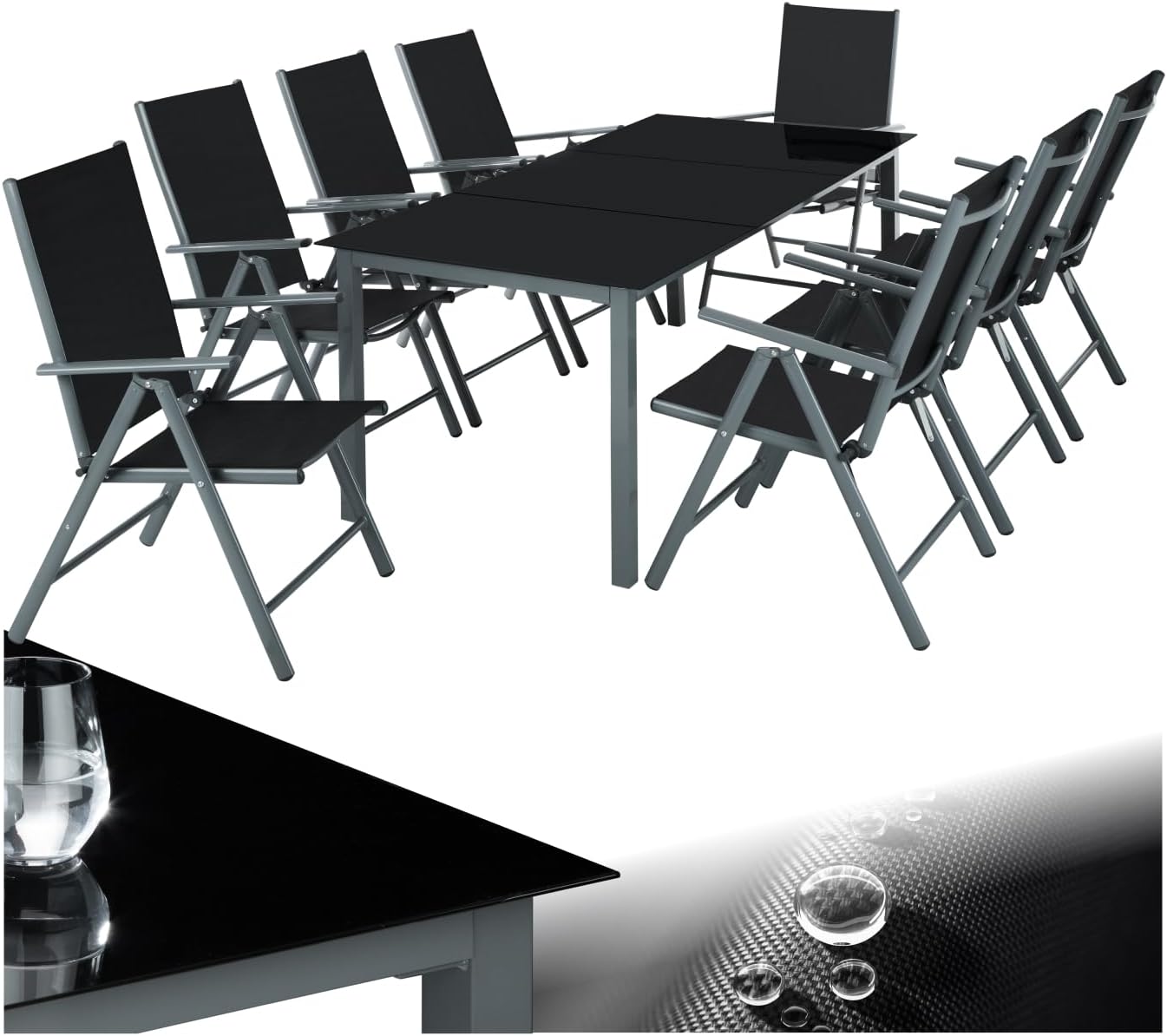 tectake - Salon de jardin aluminium, 8 fauteuils pliables, table, facile à entretenir