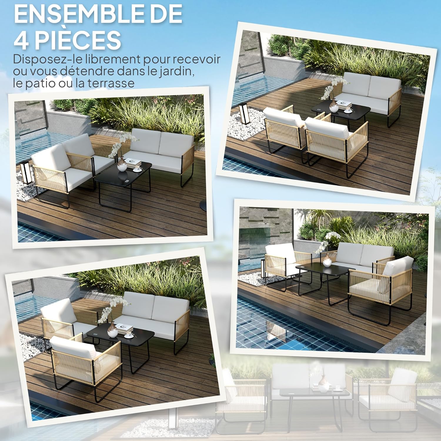 Outsunny - salon de jardin 4 places, résine tressée crème, coussins déhoussables, table verre