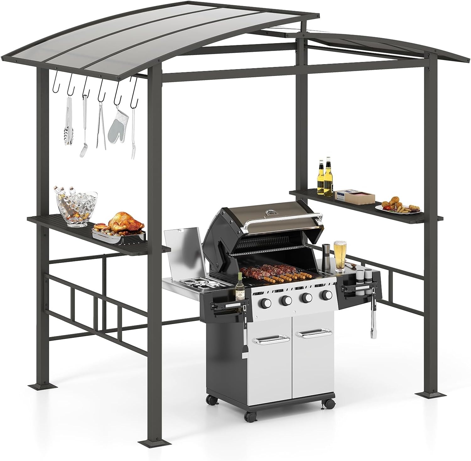 GOPLUS Tonnelle de Barbecue avec Toit Double en PC Ventilé, Étagères Latérales, Crochets, Abri de Barbecue Résistant aux Intempéries, pour Fêtes, Pique-Nique, Patio, Jardin, 248X150X232 CM