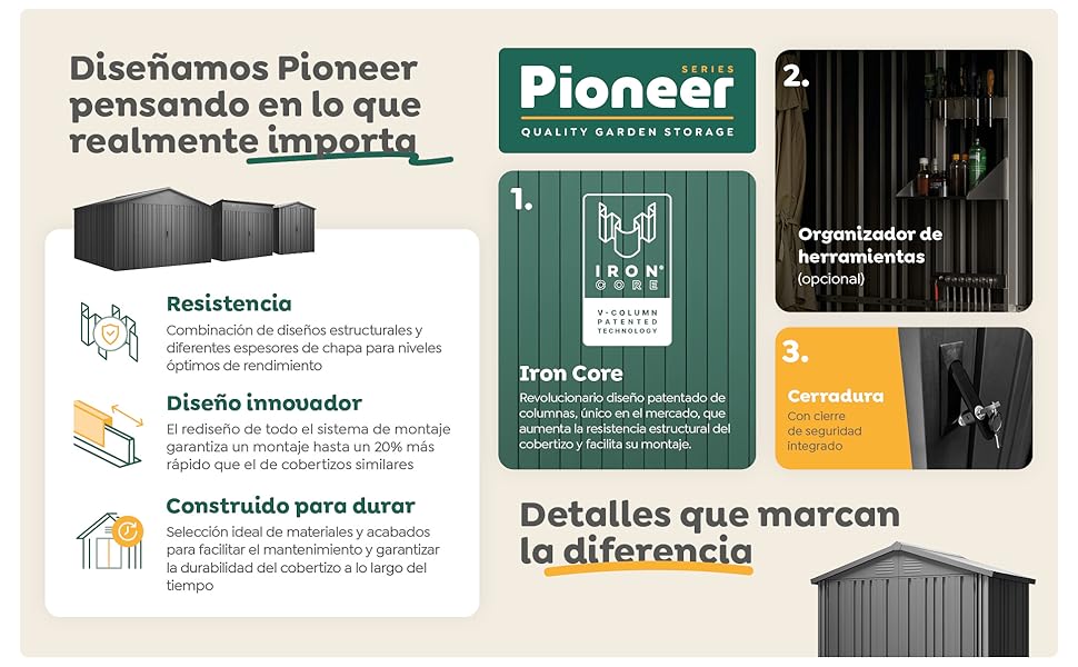 présentant les abris de rangement extérieurs Pioneer. Les caractéristiques incluent la résistance aux intempéries, un design innovant, la durabilité, une construction à noyau en fer et un organiseur d'outils. Plusieurs panneaux mettent en évidence les détails et les avantages du produit.