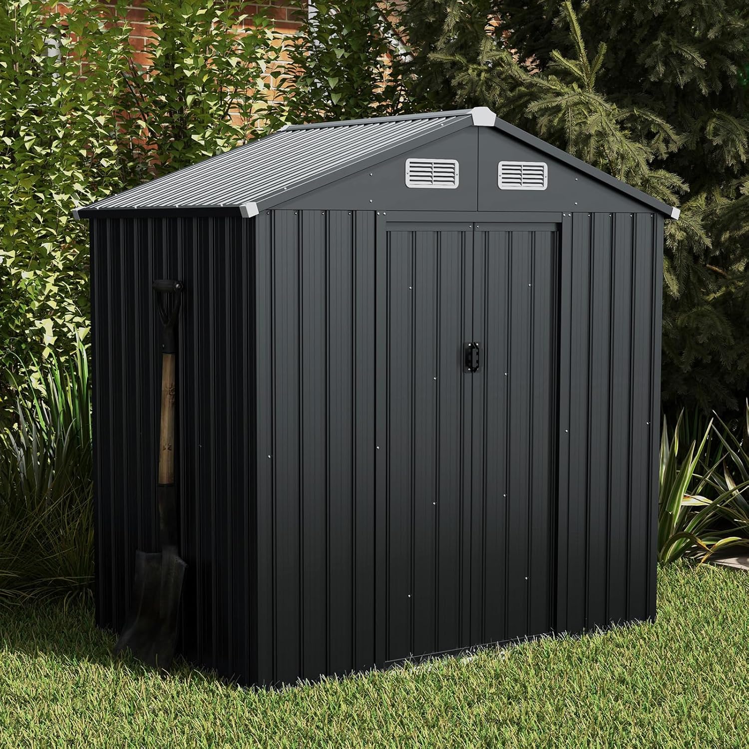GOPLUS 2,16m² Abri de Jardin 4,26m³, Abri à Outils avec Toit Incliné, Portes Coulissantes, Aérations, Résistant aux Intempéries, Cadre en Acier Galvanisé Antirouille, pour Jardin, Arrière-Cour