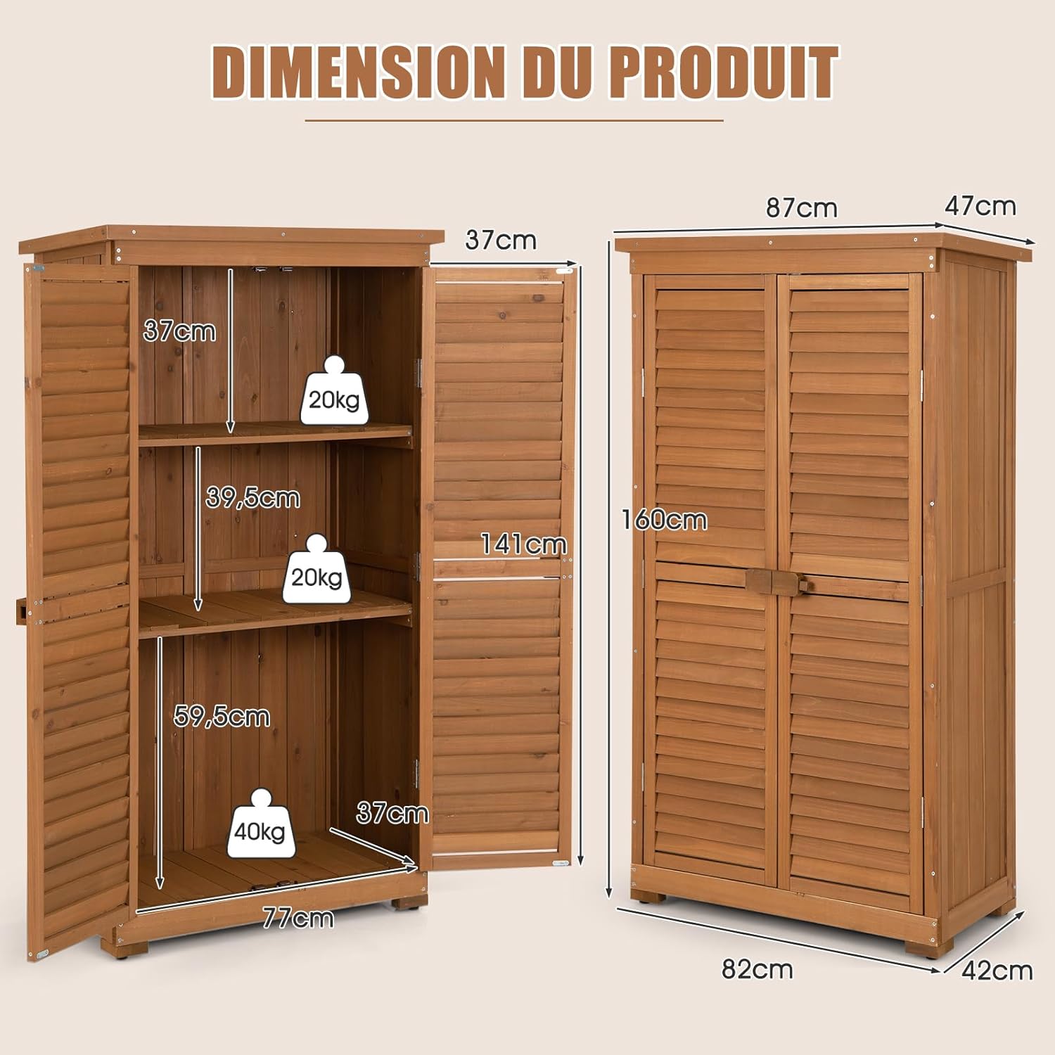 RELAX4LIFE - armoire de jardin bois 82x42x160cm, 3 étagères, toit asphalte