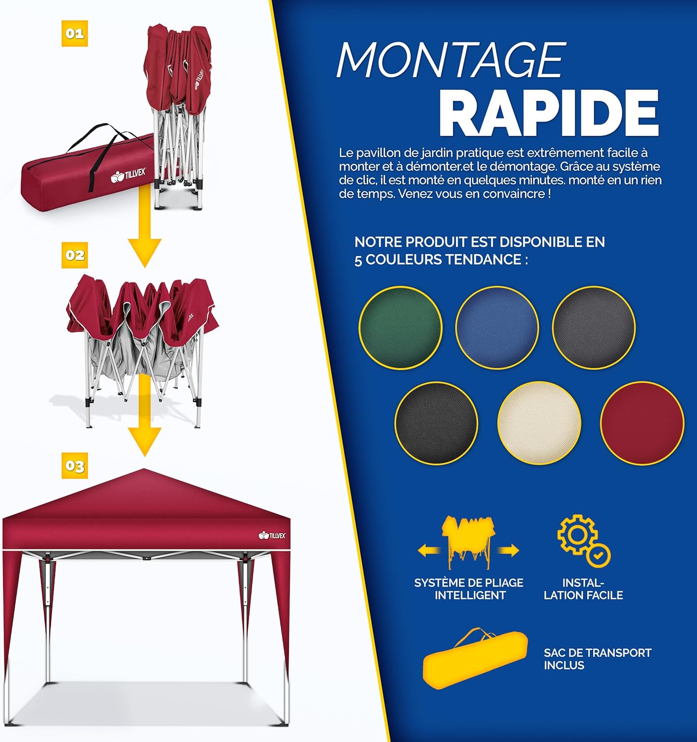 tillvex - Tonnelle pliante réglable 3x3m - UV50+ sac jardin