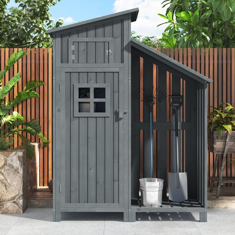 Abri de Jardin en Bois 124x46x174cm,Rangement Outils de Jardin,Cabane de Jardin Extérieur avec Serrure en PVC incliné à loquet,Gris
