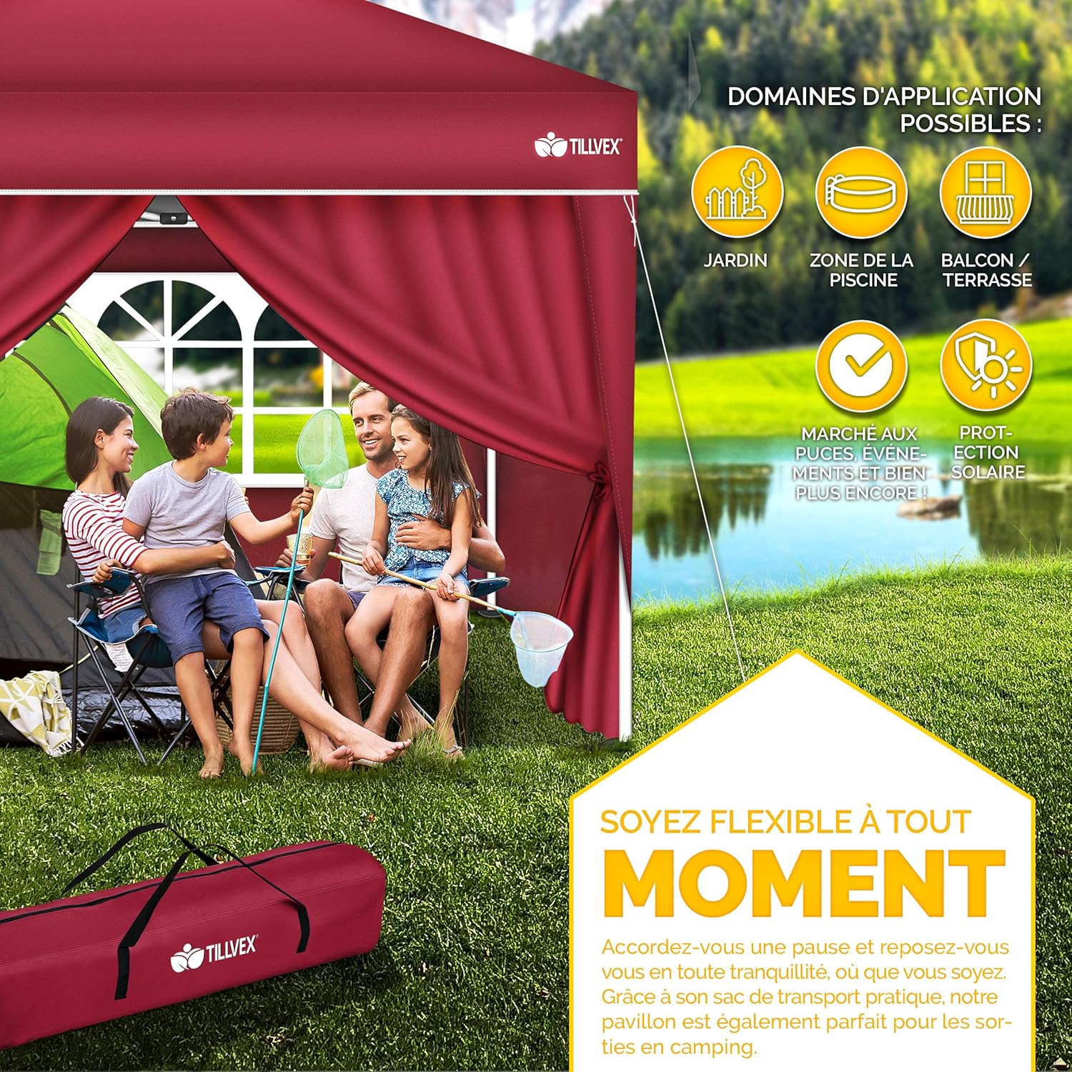 Tillvex - Tonnelle pliante série jardin 3x3m - UV 50+ camping, plage