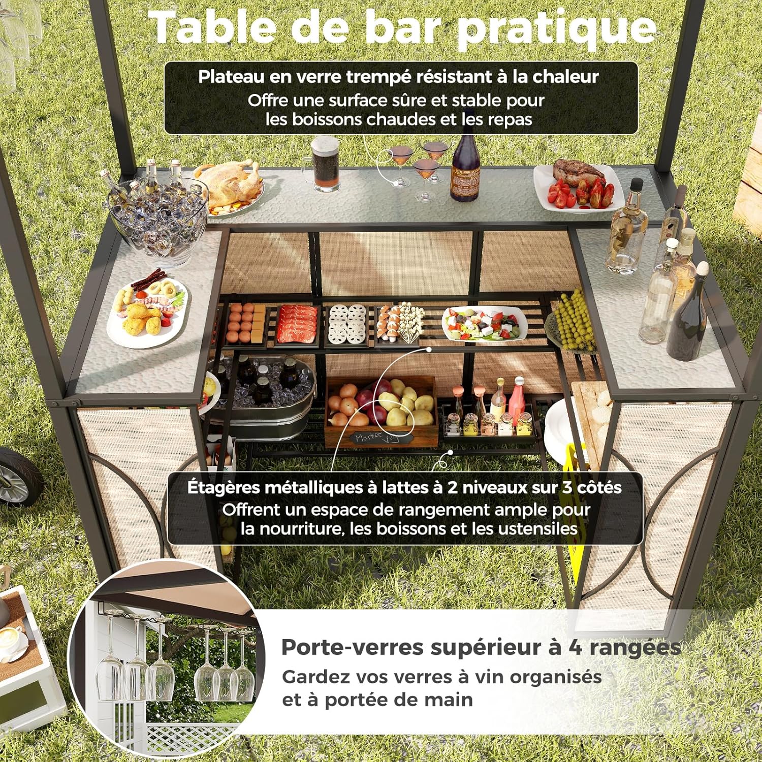 GOPLUS - Abri barbecue Café-1 - 194x121x242cm - bar extérieur, 2 tabourets, verre trempé, porte-verres