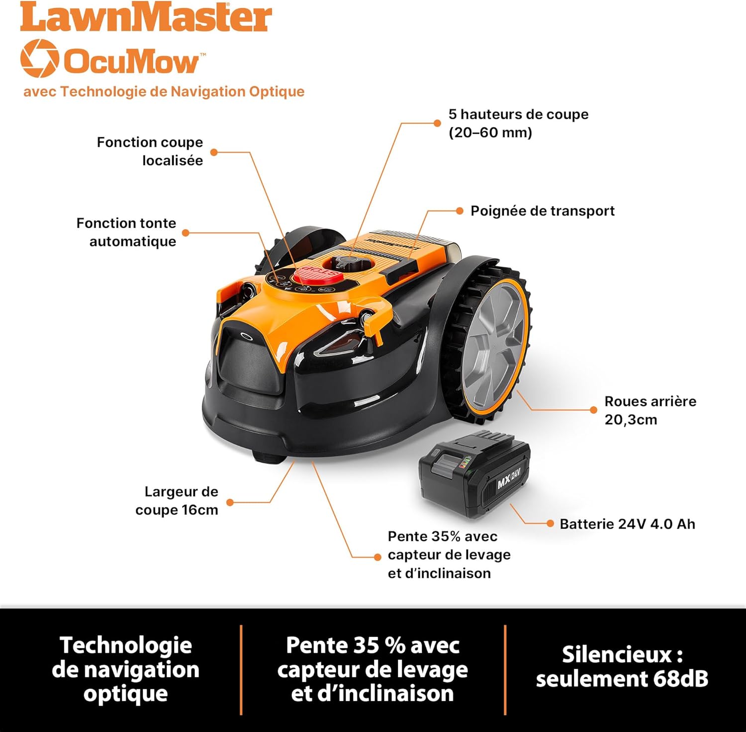 Lawnmaster - OcuMow 16 série - 250m² - tondeuse robot, obstacle, 2 batteries - VBRM16 Combo