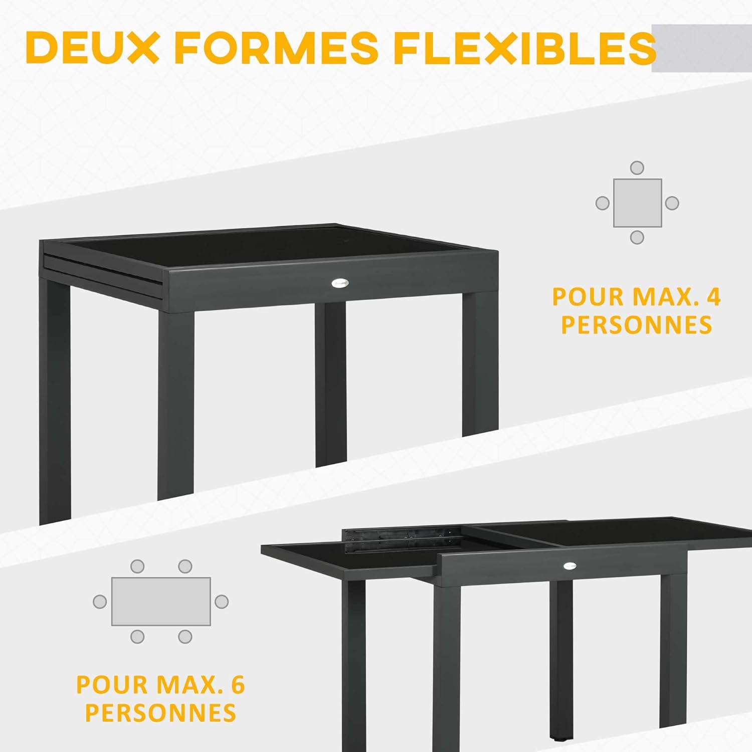 Outsunny - Table extensible jardin - 160x80x75 cm - verre noir, alu gris