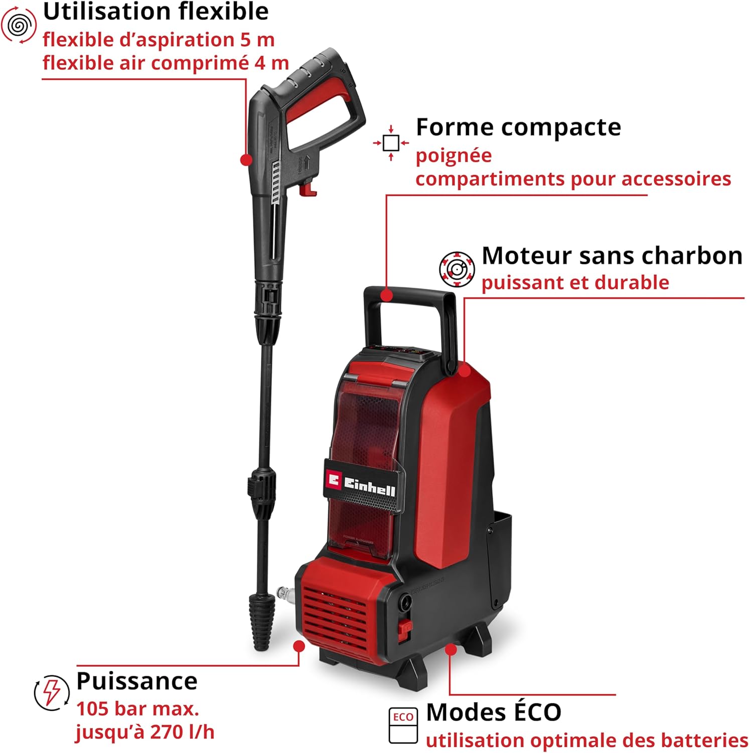 Einhell - Nettoyeur haute pression sans fil - 105 bar, 270 l/h, flexibles 4/5 m, accessoires - HYPRESSO 36/105