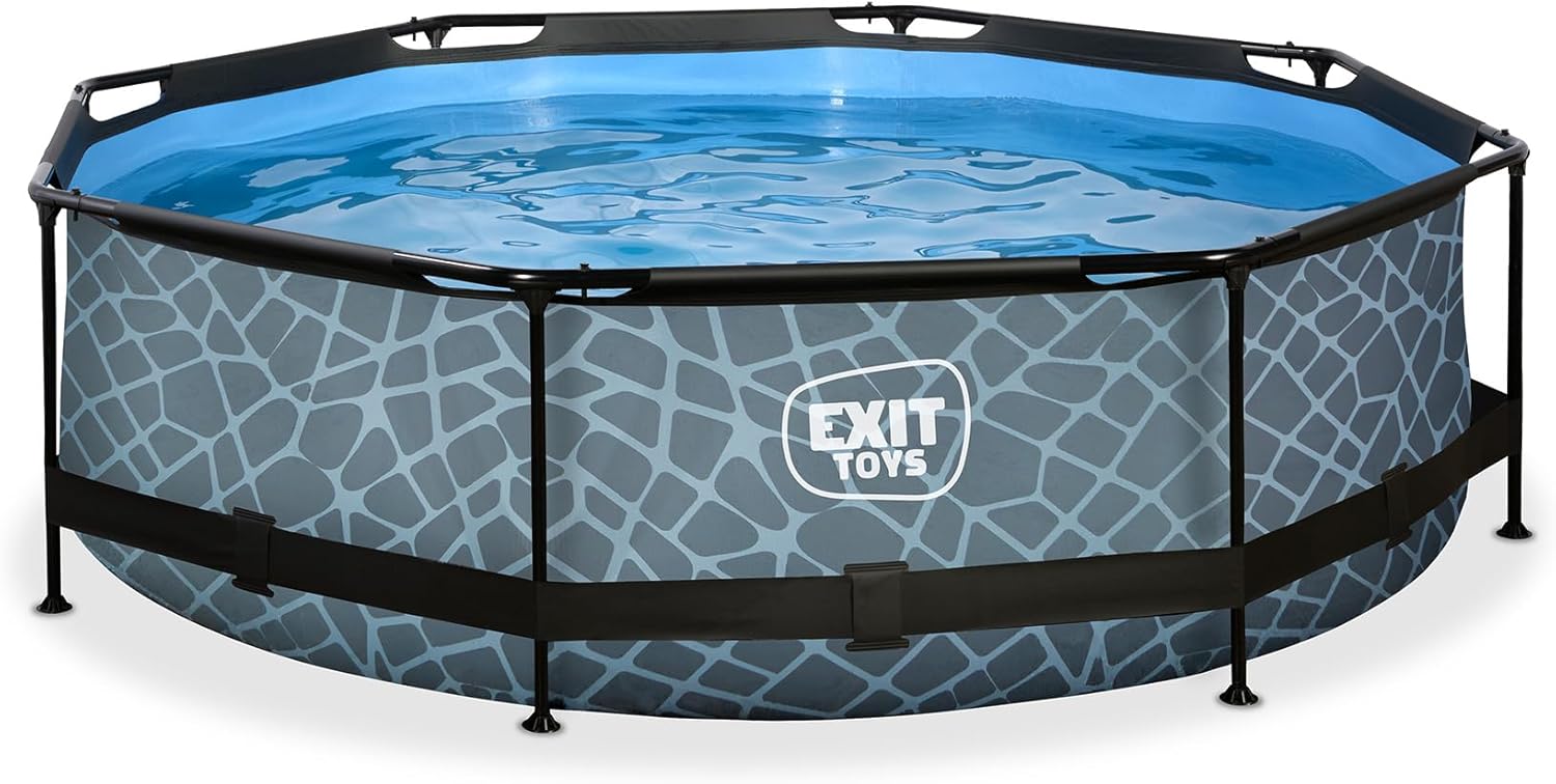 EXIT TOYS Piscine Tubulaire Stone - ø300x76cm - Piscine Hors Sol Ronde avec Pompe Filtrante à Cartouche - Entrée Basse - Idéal pour Les Jeunes Enfants - Cadre Stable - Design Unique - Gris