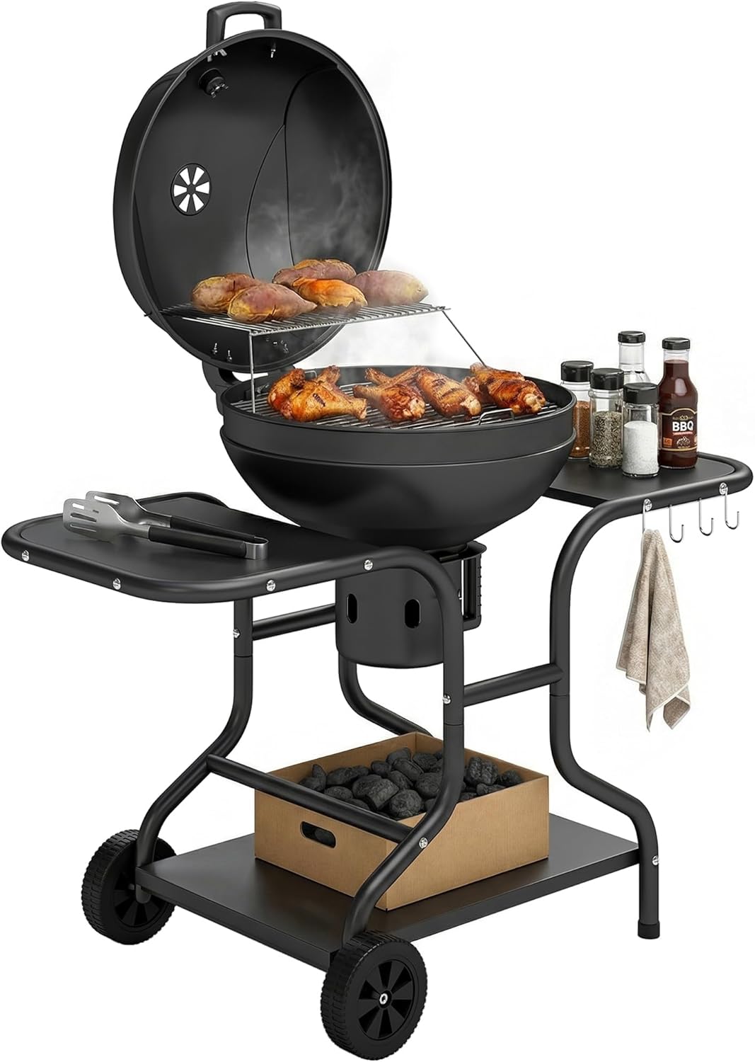 Outsunny - barbecue rond extérieur - 66x55x98cm - couvercle, roues, thermomètre