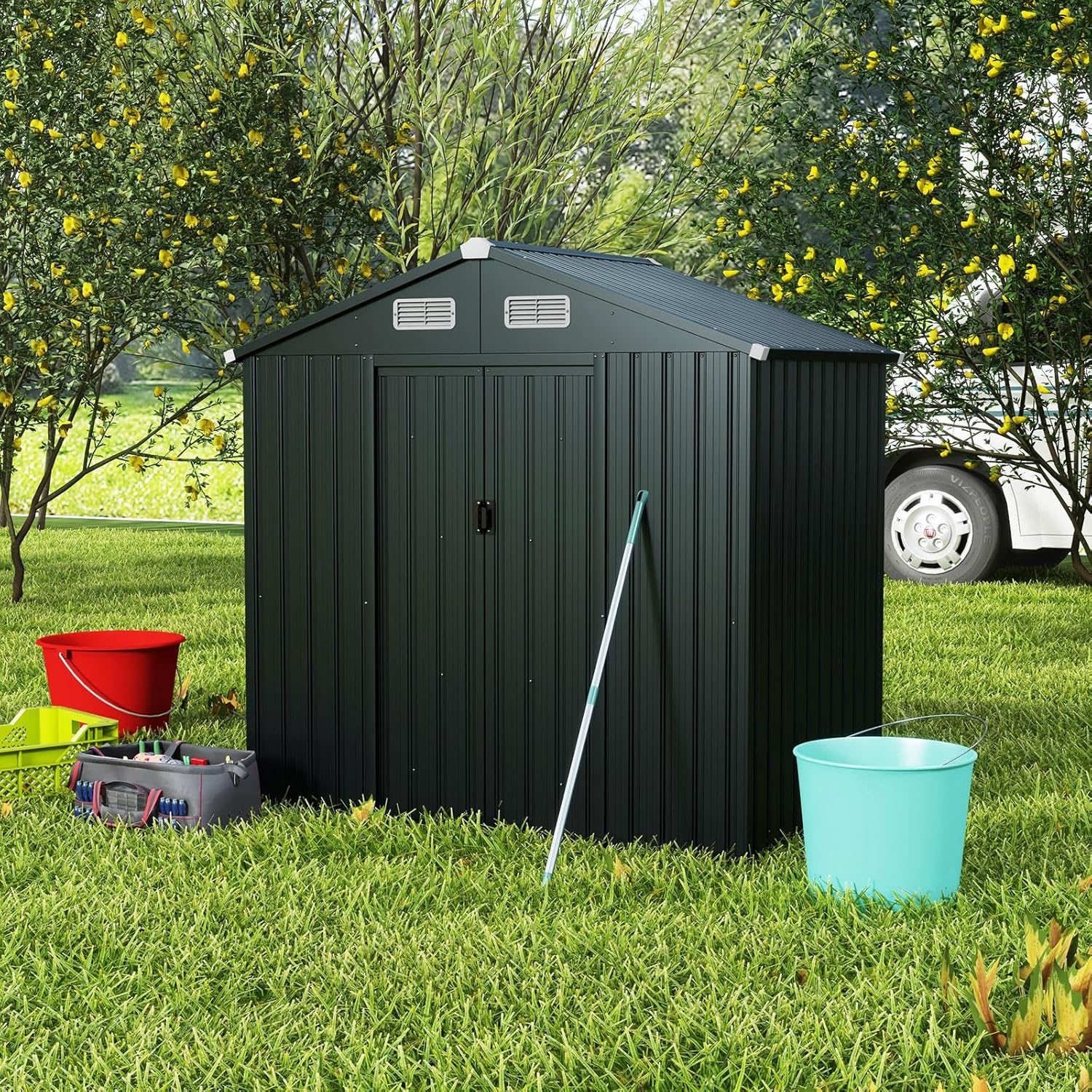 COSTWAY - Abri de Jardin métal 2,2㎡ - portes coulissantes, toit pente