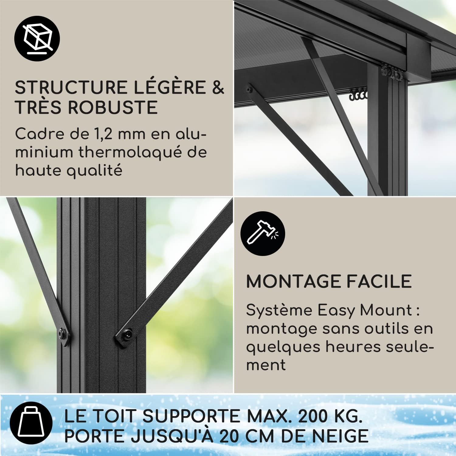 Blumfeldt - Pergola aluminium 3x3m - toit rigide LED & polycarbonate
